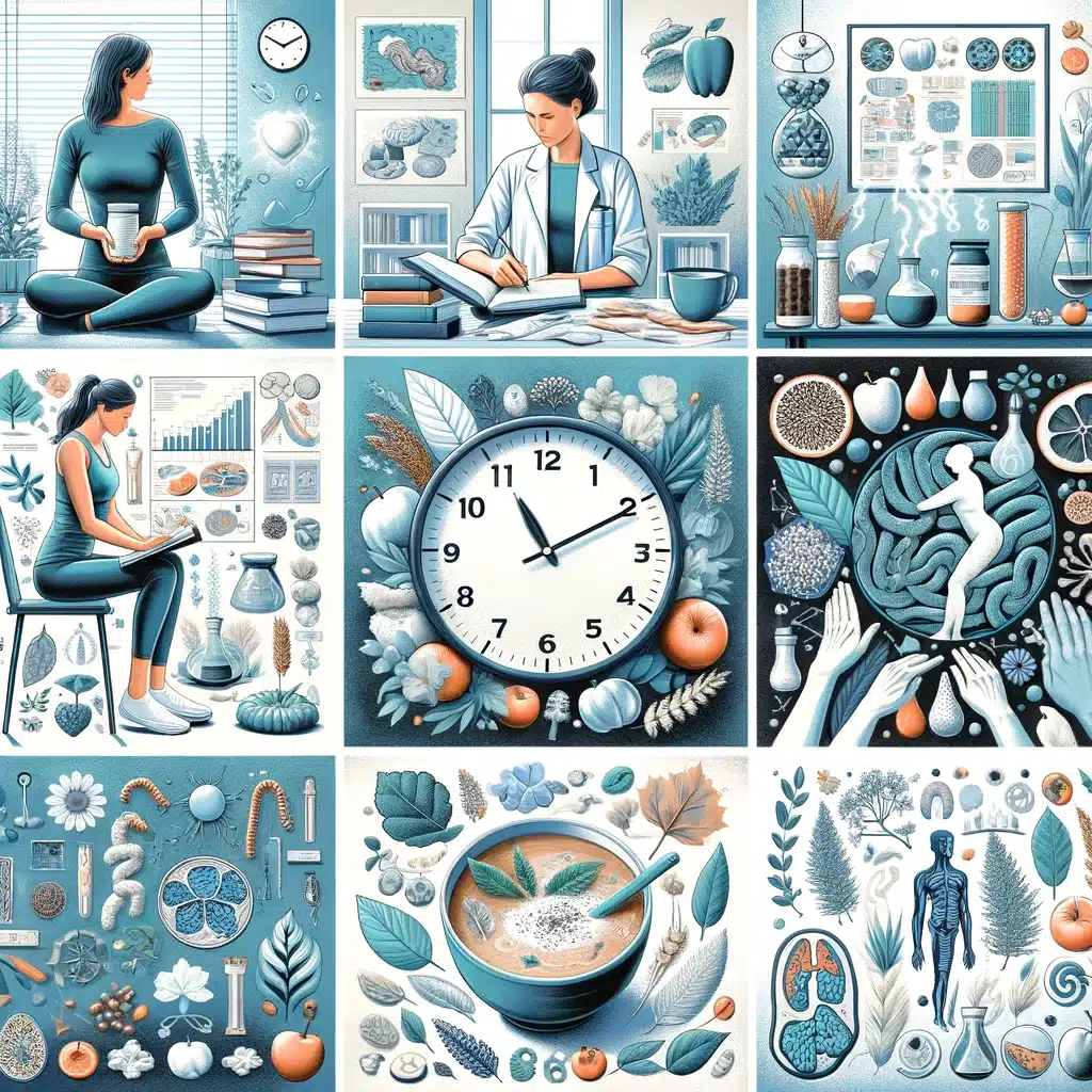 DALL·E 2024-03-19 07.29.20 - 1. A woman surrounded by books and healthy foods, in a room with light blue, white, and black colors, symbolizing expertise in nutrition. 2. A woman a