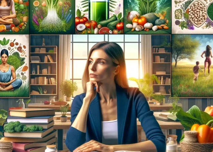 DALL·E 2024-03-19 07.27.39 - 1. A thoughtful woman, resembling a nutrition expert, surrounded by books and healthy foods, in a study room setting. 2. A vibrant image illustrating
