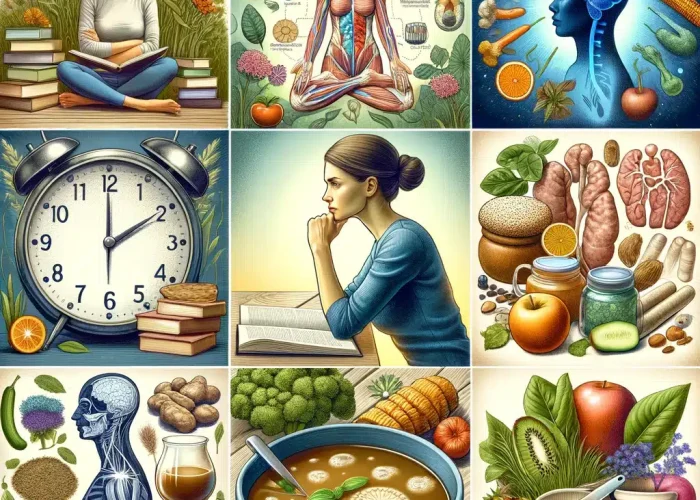 DALL·E 2024-03-19 07.27.45 - 1. A thoughtful woman surrounded by books and healthy foods, symbolizing expertise in nutrition. 2. A depiction of a woman analyzing a clock and vario