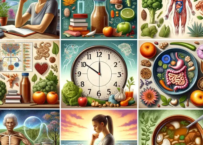 DALL·E 2024-03-19 07.27.59 - 1. A thoughtful woman surrounded by books and healthy foods, symbolizing expertise in nutrition. 2. A depiction of a woman analyzing a clock and vario