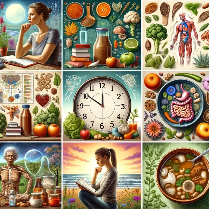 DALL·E 2024-03-19 07.27.59 - 1. A thoughtful woman surrounded by books and healthy foods, symbolizing expertise in nutrition. 2. A depiction of a woman analyzing a clock and vario